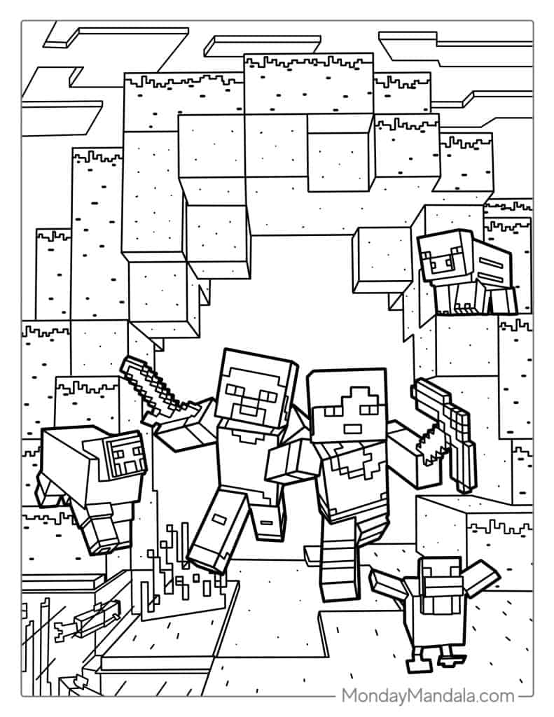 Alex And Steve Surrounded By Minecraft Blocks Coloring