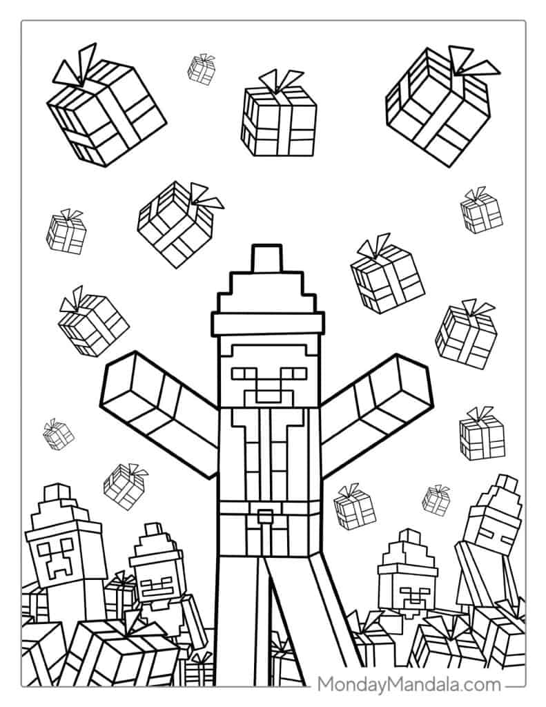 Christmas Minecraft Steve Wearing Santa Hat Coloring