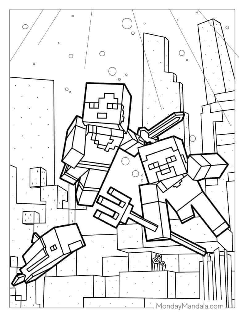 Minecraft Aquatic Theme With Alex And Steve Coloring