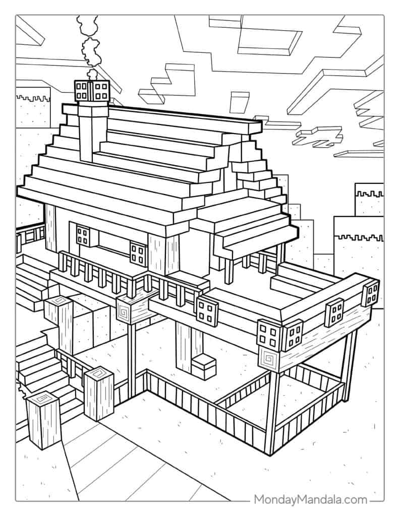 Minecraft Log Cabin House Coloring For Kids