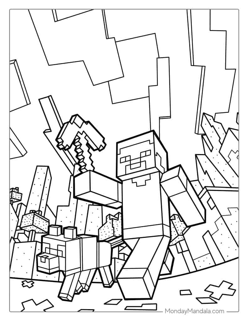 Minecraft Steve Holding Pickaxe Coloring