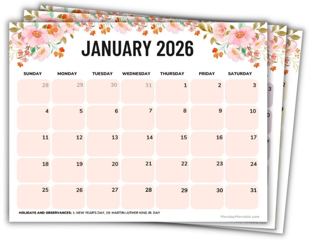 Printable 2026 Calendars Landscape Flowers